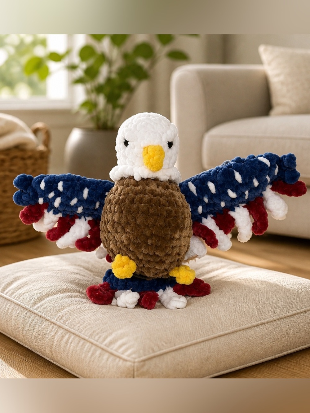 Patriotic Sam the American Bald Eagle Crocheted Chenille Plush, Handmade NEW!